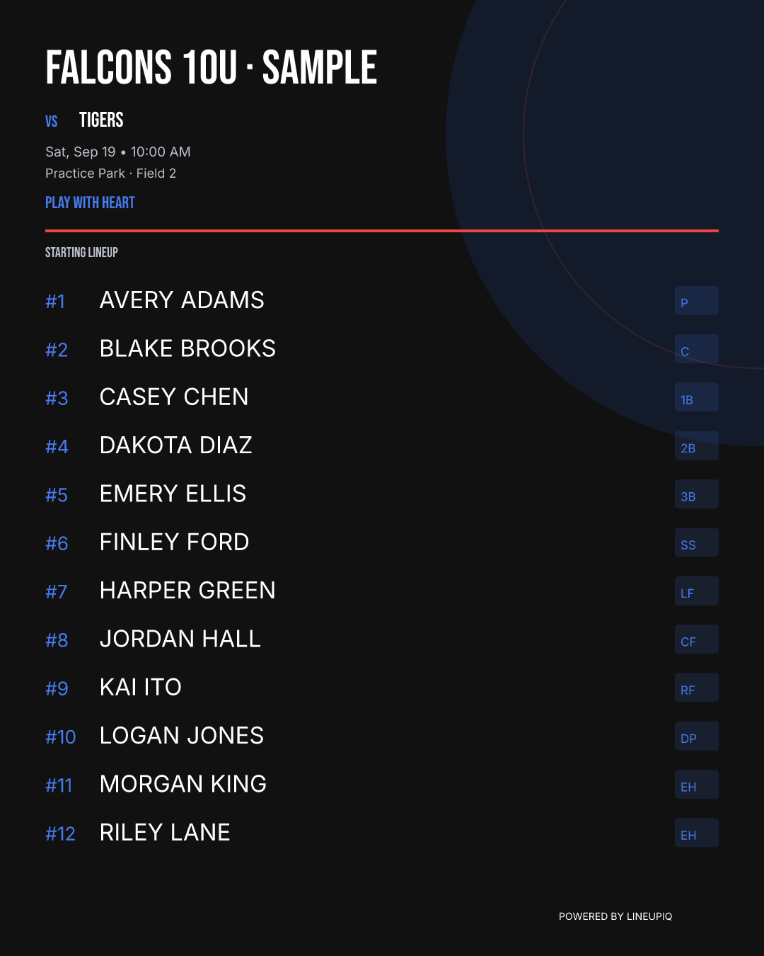 Sample softball lineup graphic with fictional player names and positions